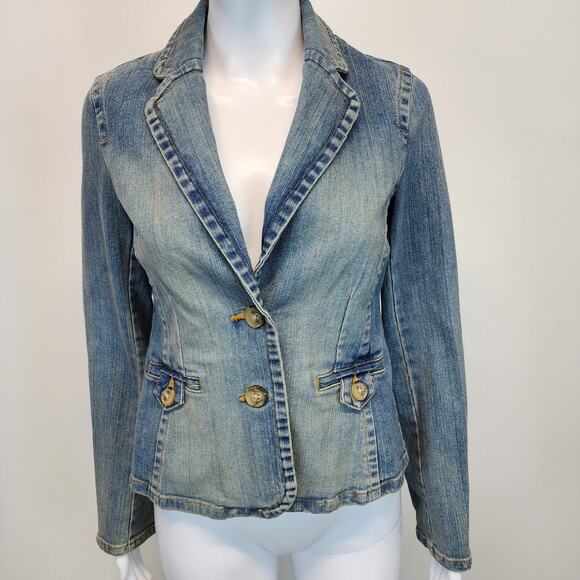 Vintage Y2K Old Navy Jean Denim Jacket Size S Distressed Stone Wash Peplum 2000s - Picture 3 of 15